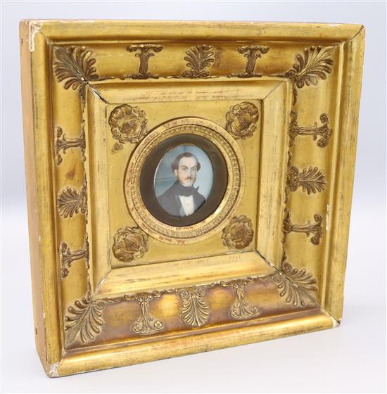 19C family portrait miniature of Carlos Younger (Spain), indistinctly inscribed & dated 1849 verso, ornate giltwood frame